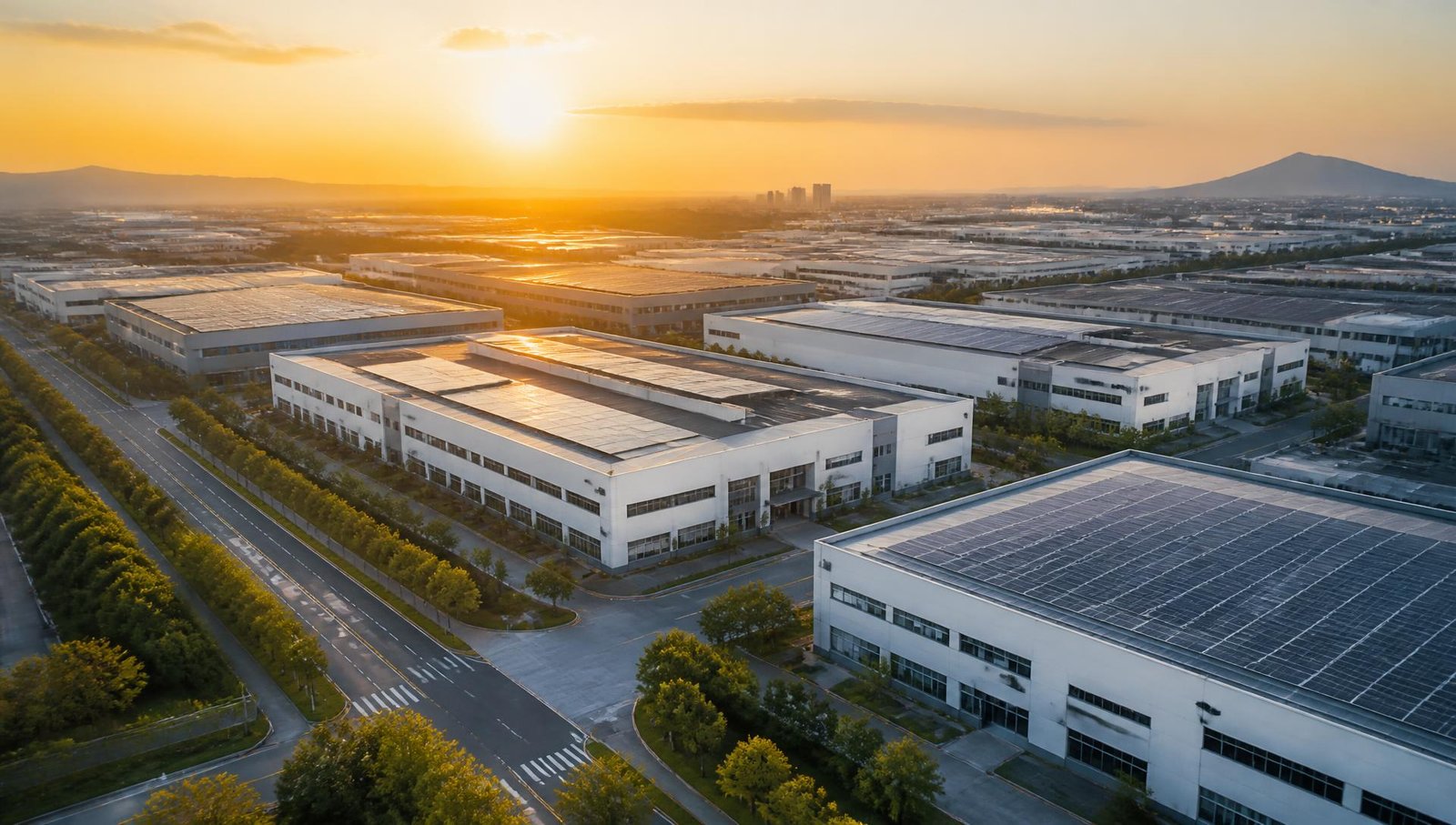 Hengchen Group standardized industrial park at sunrise